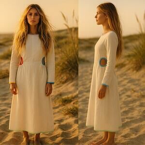 NWT Rhode Thierry Linen Cut-Outs A-Line Round Neck Midi Dress Cream Size: 10